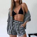 Women's Jacquard Black White Plaid Street Shirt Two-Piece Set Shorts Set
