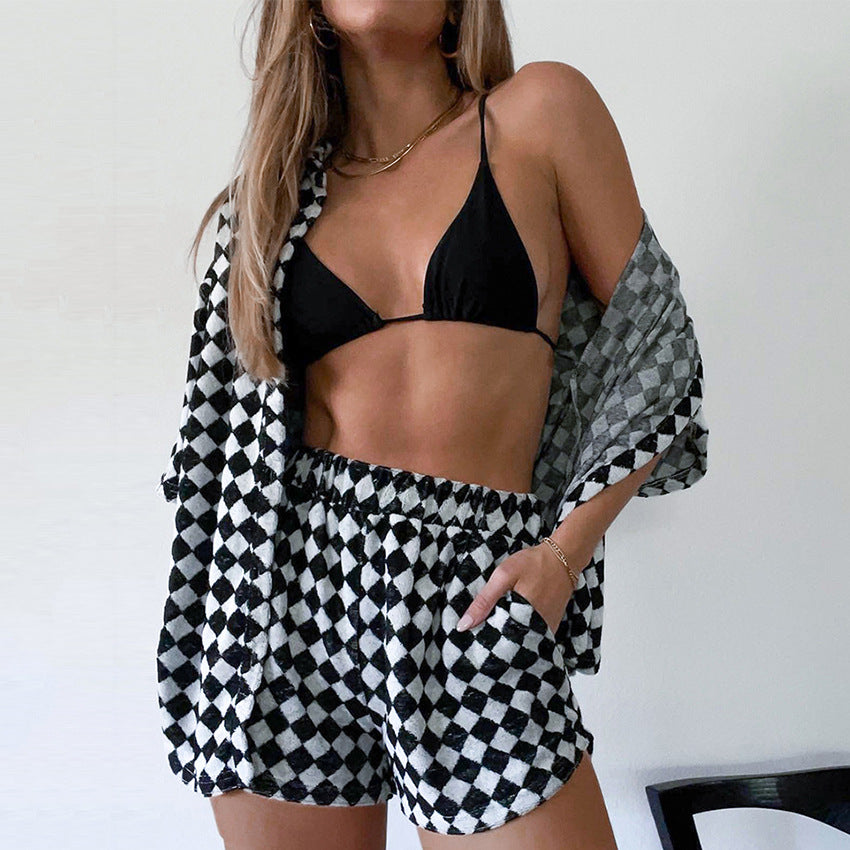 Women's Jacquard Black White Plaid Street Shirt Two-Piece Set Shorts Set
