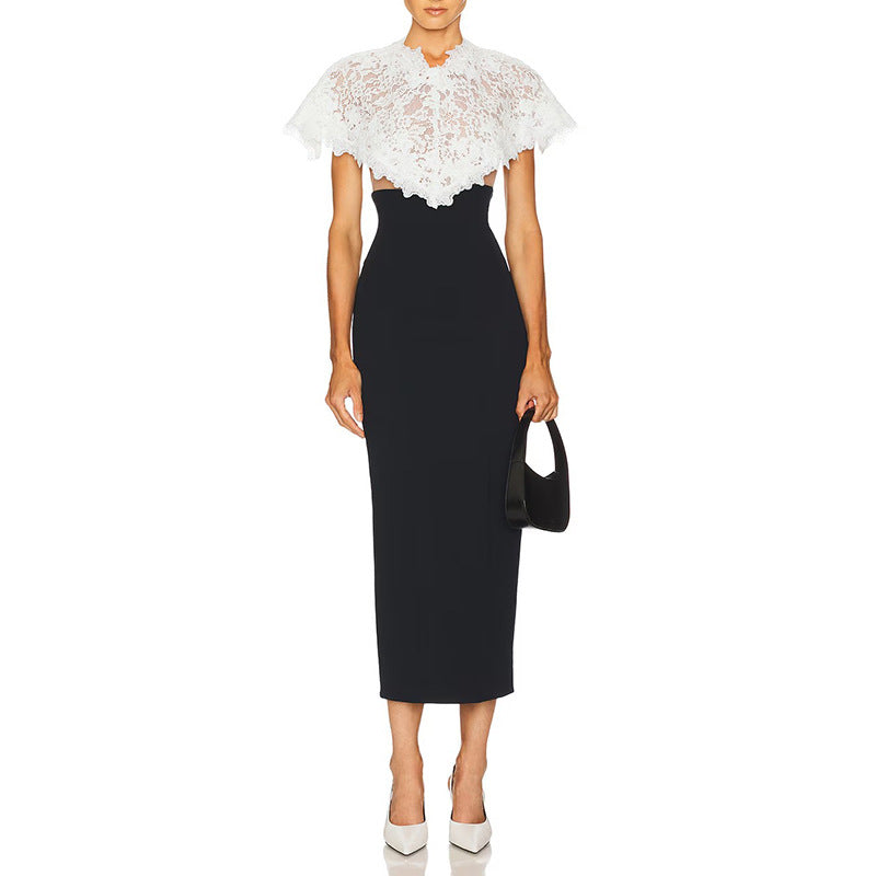 Women's Stand-Collar Color-Block Lace Backless Split Short-Sleeve Bodycon Midi Dress