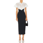 Women's Stand-Collar Color-Block Lace Backless Split Short-Sleeve Bodycon Midi Dress