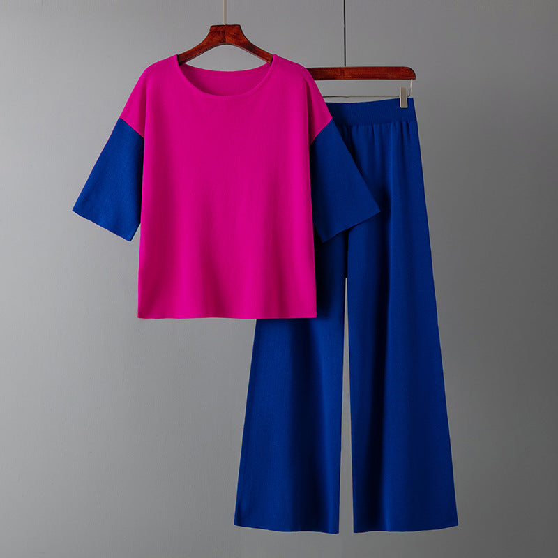 Suit Summer Loose Color Matching Top Casual High-Waisted Wide Leg Pants Two-Piece Set