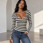 Women's Black-And-White Striped Deep-V Top