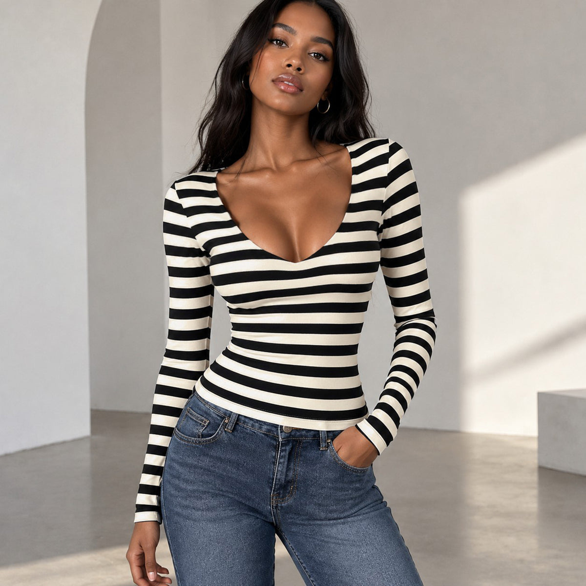 Women's Black-And-White Striped Deep-V Top