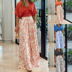 Women's V Neck Short Printed Top and Pants Two-Piece Set