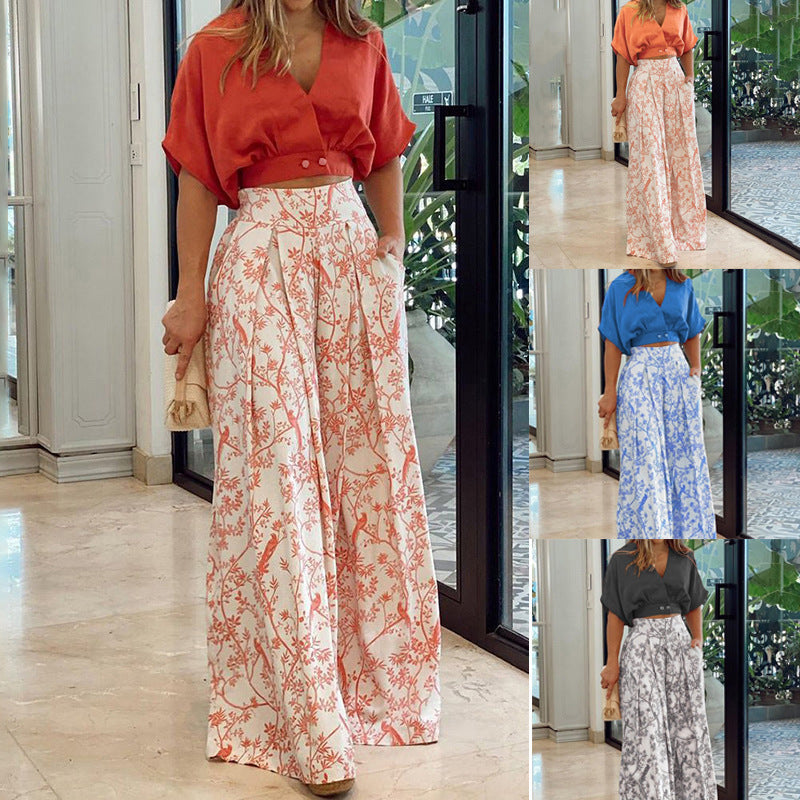 Women's V Neck Short Printed Top and Pants Two-Piece Set