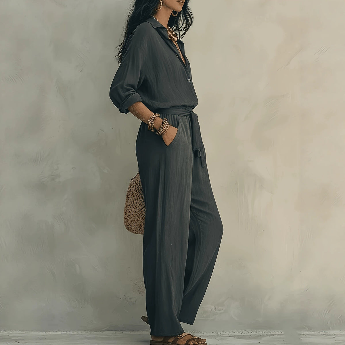 Women's Polo Shirt and Loose Trousers Two-Piece Set