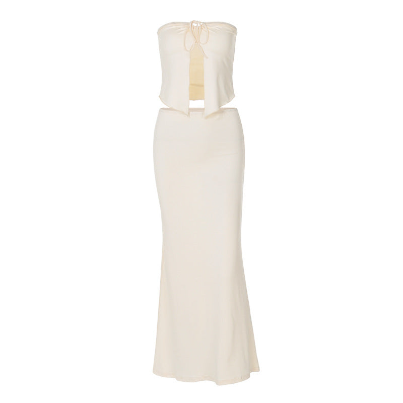 Women's Spring Stitching Wrapped Chest Top and Skirt Two-Piece Set