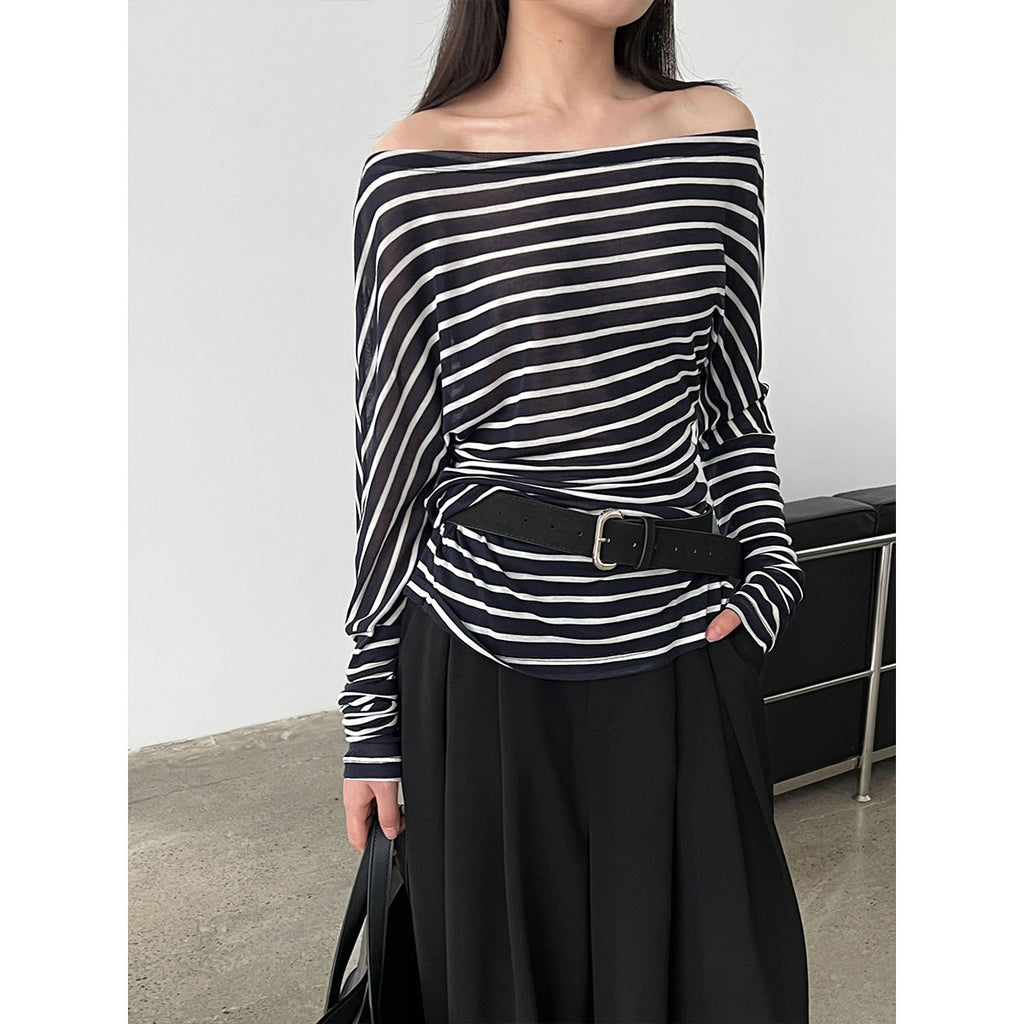Women’s Black Asymmetric Off Shoulder Striped Top