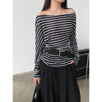 Women’s Black Asymmetric Off Shoulder Striped Top