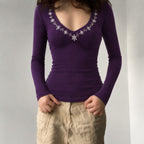 Women's Retro Floral Embroidered Slim Slimming Long Sleeved T Shirt Sexy V Neck Purple Autumn Winter Coat Inner Bottoming Shirt