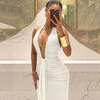Halter Deep V Ruched Fishtail Maxi Dress