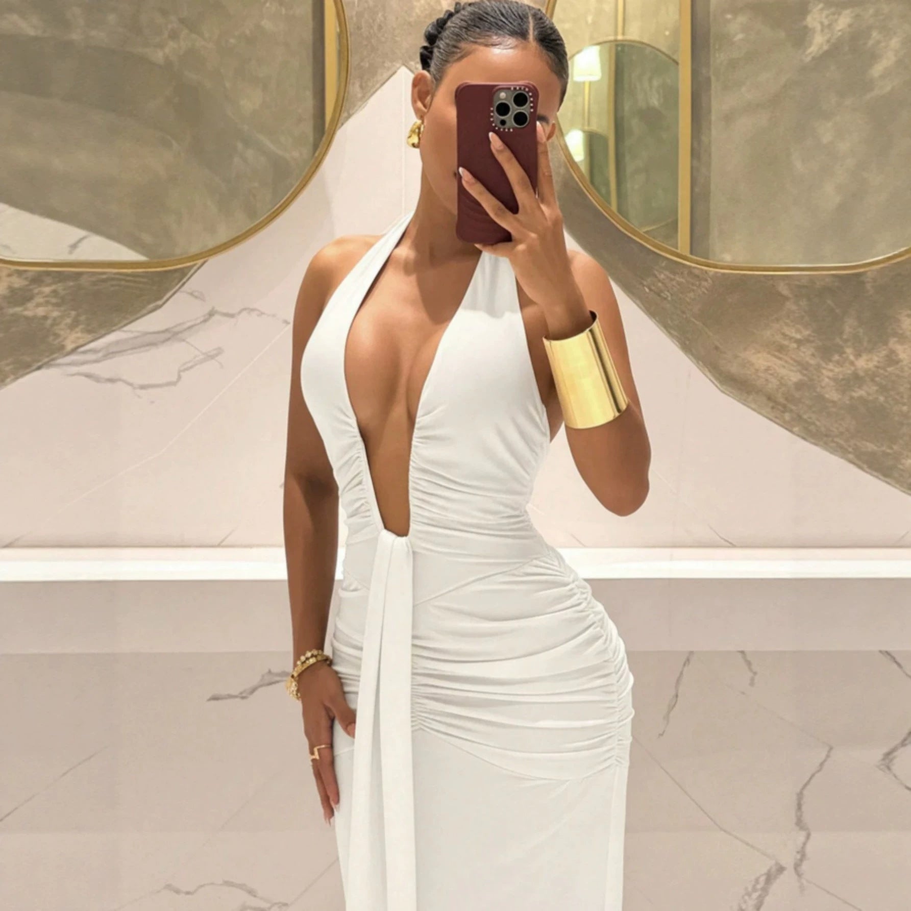 Halter Deep V Ruched Fishtail Maxi Dress