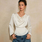 Satin Swing Collar Long-Sleeved Shirt Women Slingback Waist