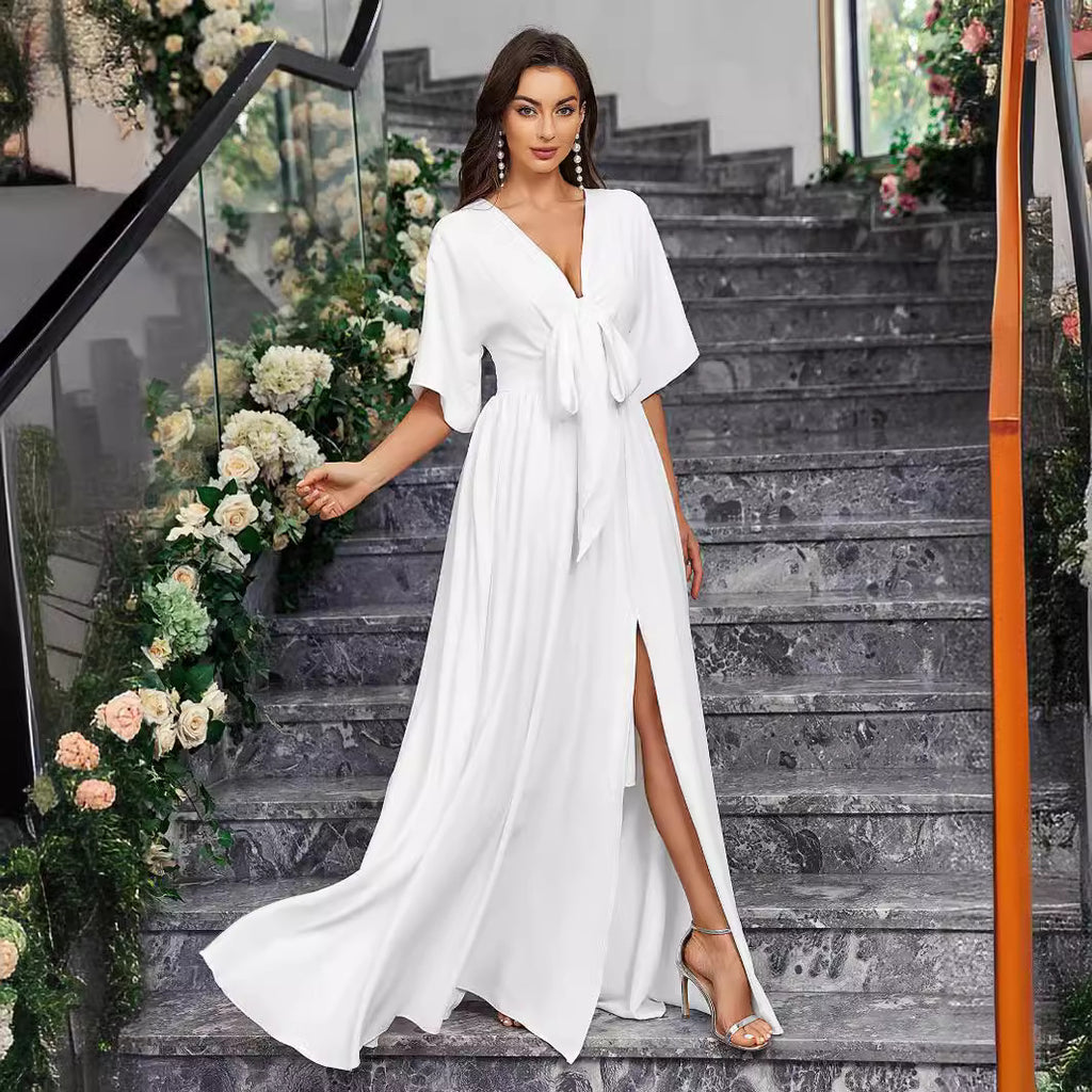 Women's Plus Size White V neck Split Half Sleeved Lace up Ladies Dress