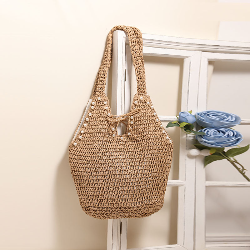 Women's Pearl-Detail Straw Beach Bag