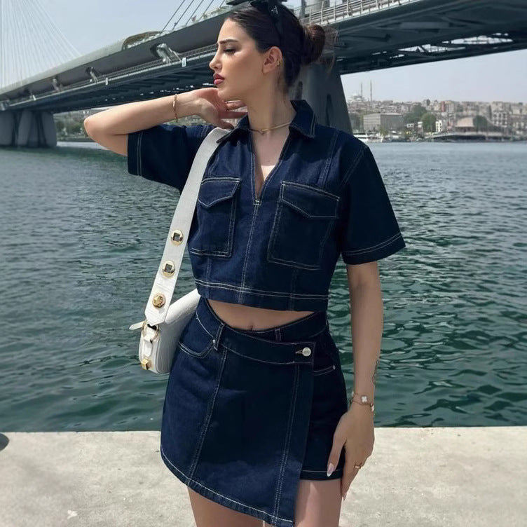 Women's Workwear Denim Summer V Top and Pants Two-Piece Set