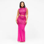 Women Wear Rhinestone Mesh Sleeveless Skirt Two Piece Set