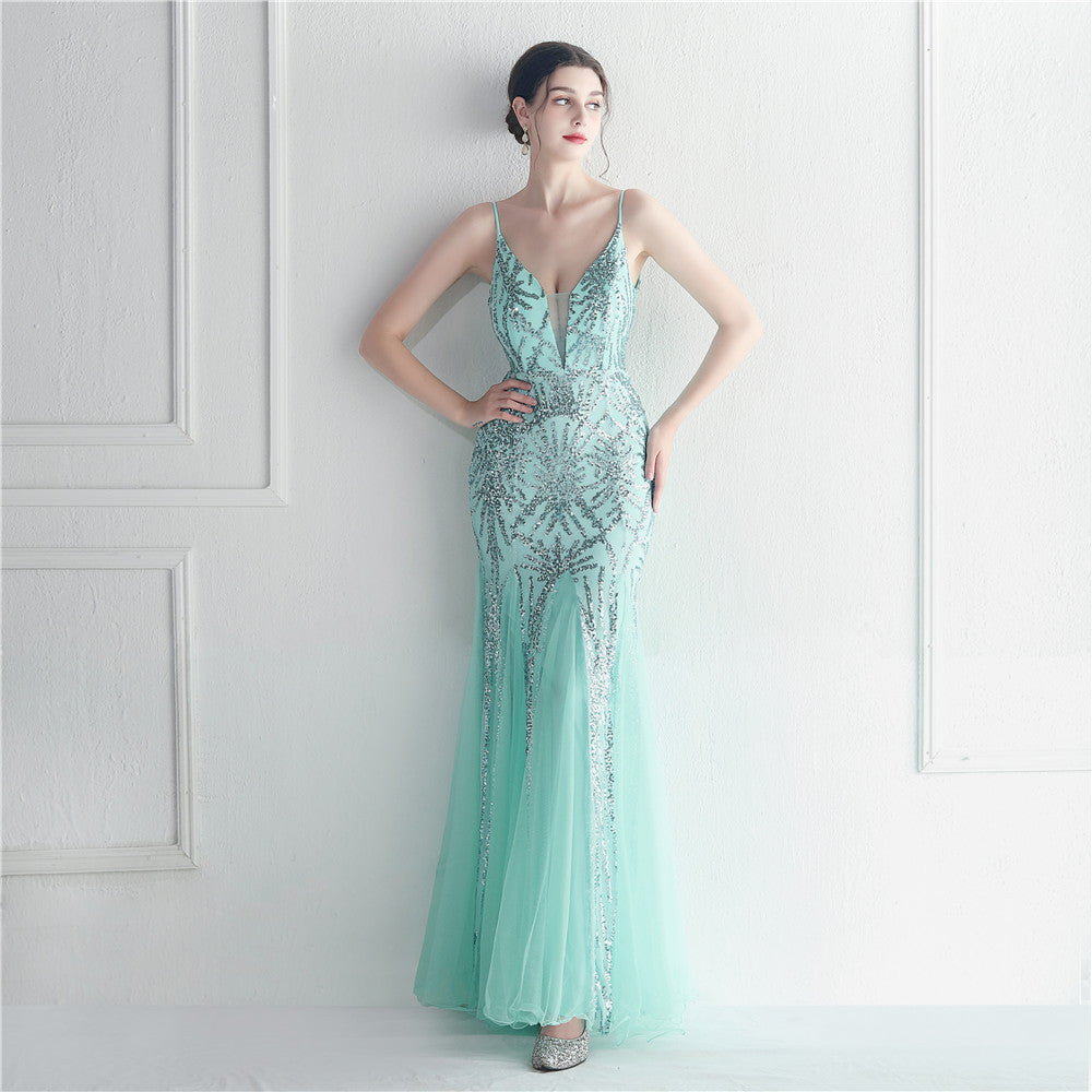 Women's Popular Mesh Beads Sequined Dress Long Evening Dress Star Event Exhibition Stage
