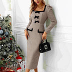 French Dress Long Sleeve Tight Hip Belt Plaid Stretch Knitted