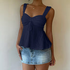 All Match Bow Design Solid Color Casual Sling Low Collar Top