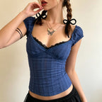 Lace Stitching Collar Solid Color Summer Outer Wear Thin Niche Design Casual Short Sleeve T shirt Top