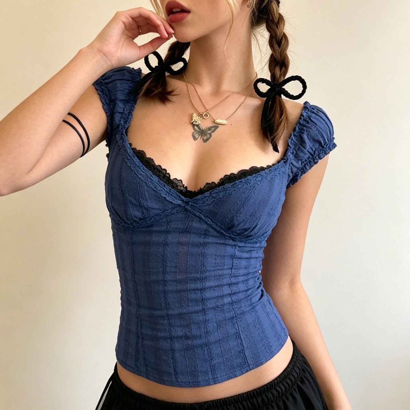 Lace Stitching Collar Solid Color Summer Outer Wear Thin Niche Design Casual Short Sleeve T shirt Top