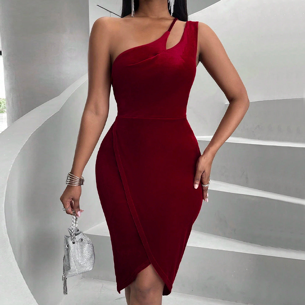 Women's Velvet One-Shoulder Bodycon Dress