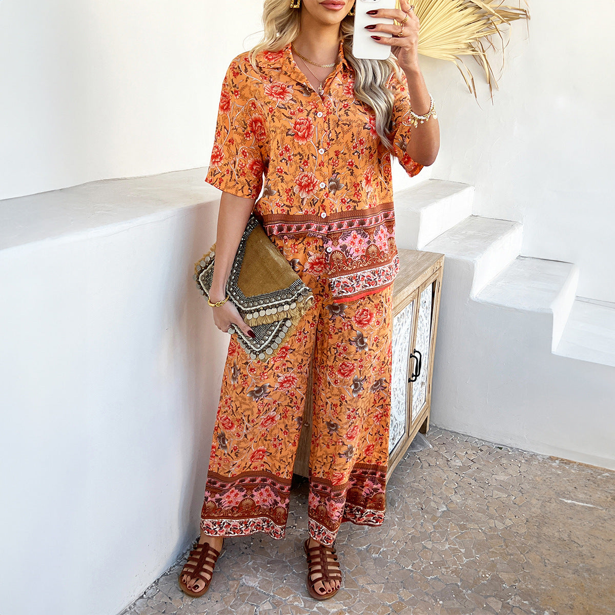 Spring Summer Printed Contrast Color Bohemian Vacation Short-Sleeve Long Pants Set