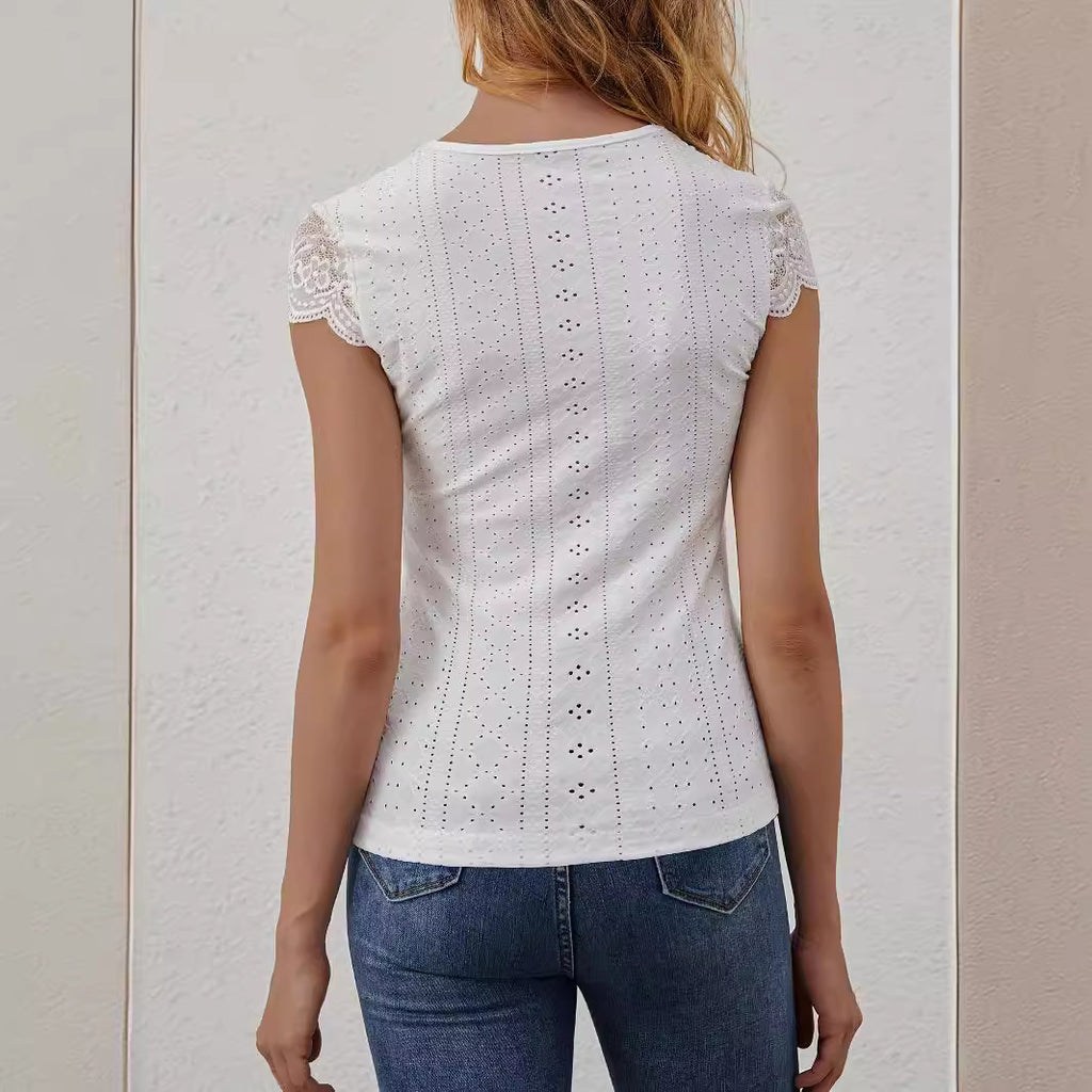 Lace Button V-Neck Slim Fit Top