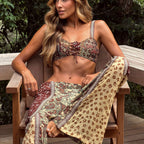 Printed bikini swimsuit set, lace-up bust and high-leg bottoms; burgundy and cream paisley