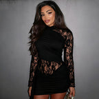 Solid Color Stitching Lace Round Neck Long Sleeved Ribbon Dress