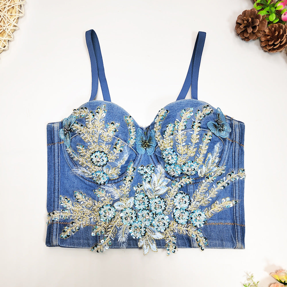 Women’s Beaded Denim Bustier Crop Top
