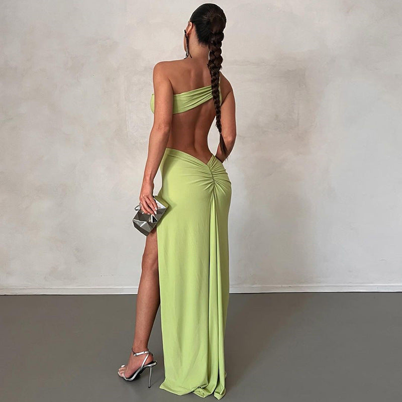 Women's Sloping Shoulder Dress Solid Color Pullover Sexy Backless Evening Dress Long Socialite Split