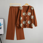 Autumn Gentle Three Dimensional Gradient Lace Floral Sweater Women Sweet Knitted Cardigan Wide Leg Pants Two Piece Sets