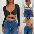 Women's Lace-Up Hollow Out Cutout V-Neck Long Sleeve T-Shirt