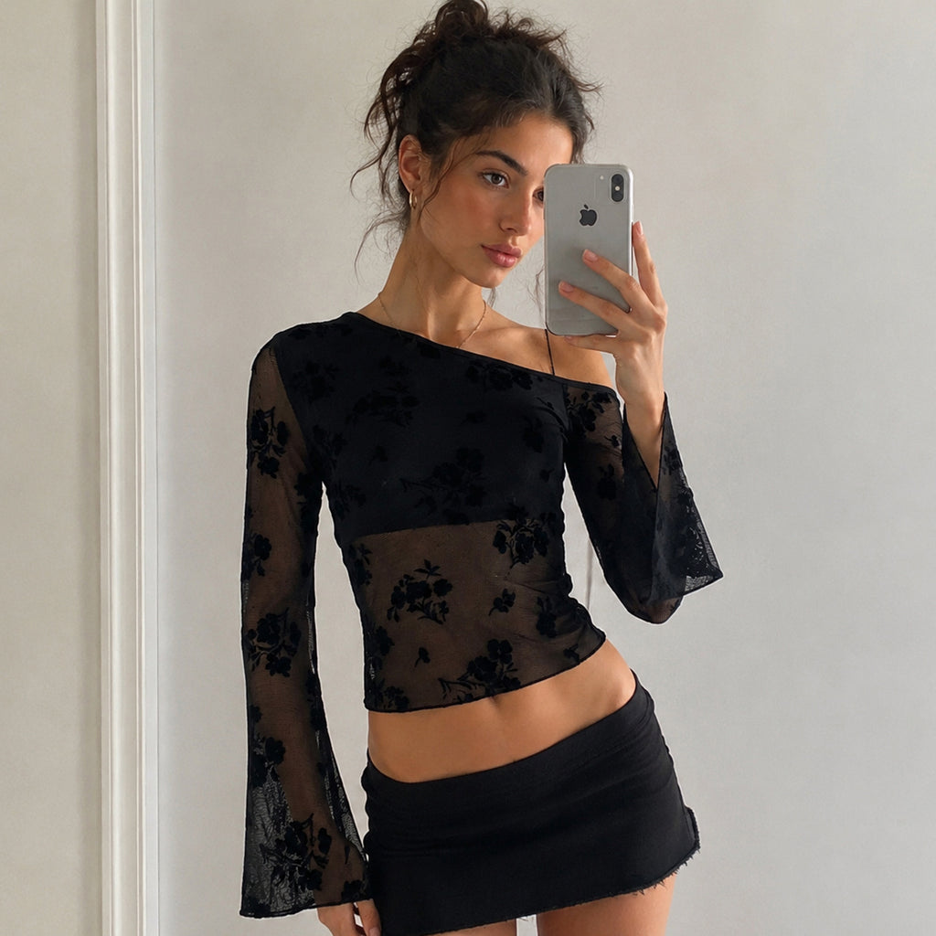 Women's Women Clothing Mesh Flocking Stitching Sexy See Through Flare Sleeve Oblique Shoulder Short Top