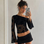 Women's Women Clothing Mesh Flocking Stitching Sexy See Through Flare Sleeve Oblique Shoulder Short Top