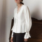 Autumn White V neck Lace Stitching Shirt Women Tight Waist Lotus Leaf Hem Puff Sleeve Long Sleeve French Tup Cardigan