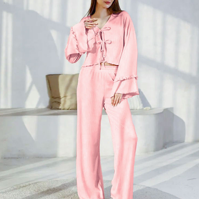 Women's Lace-Up Cardigan & Pants Pajama Set