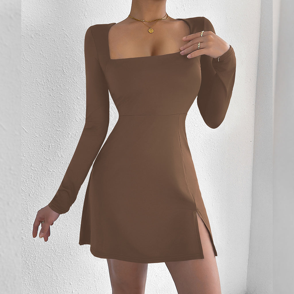 Square-Neck Long-Sleeve Split A-Line Mini Dress