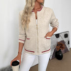 Simple Relaxed Contrast Color Binding Zipper Sweater Cardigan