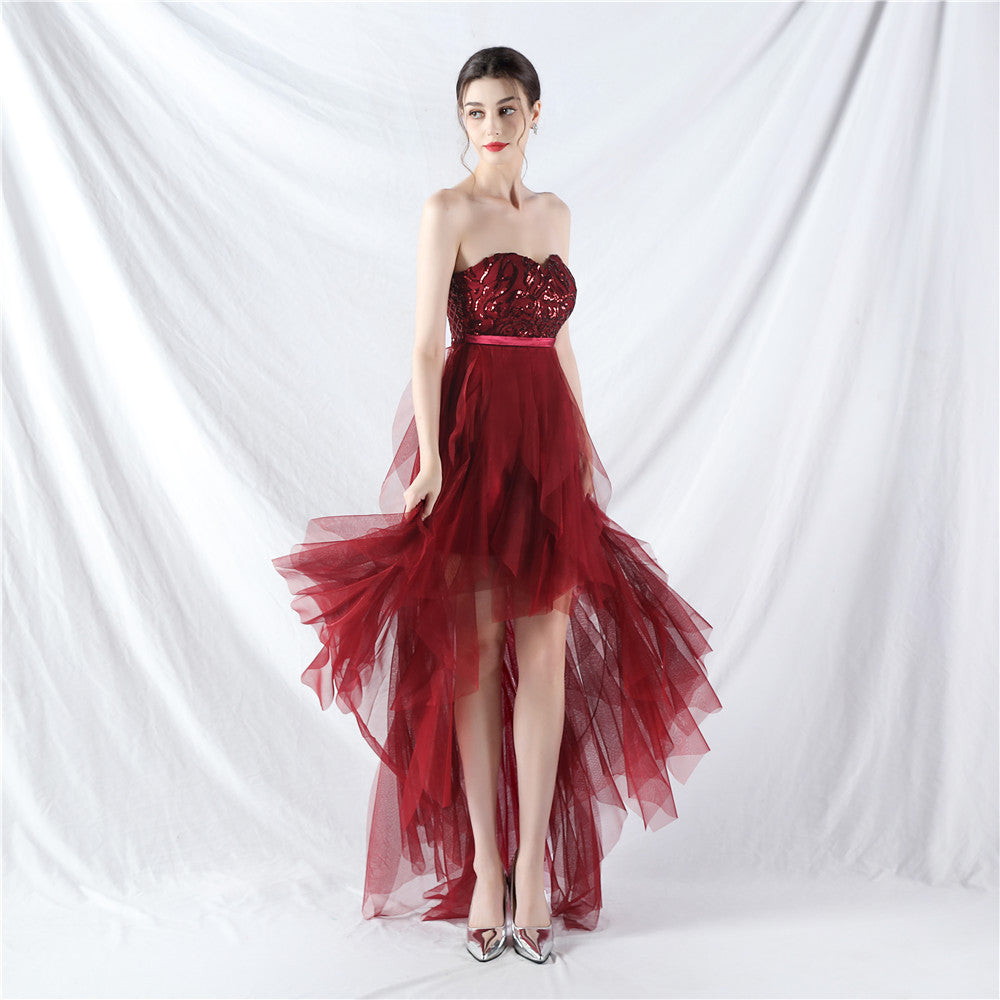 Women's Floral Sequin Stitching Mesh Strapless Dress