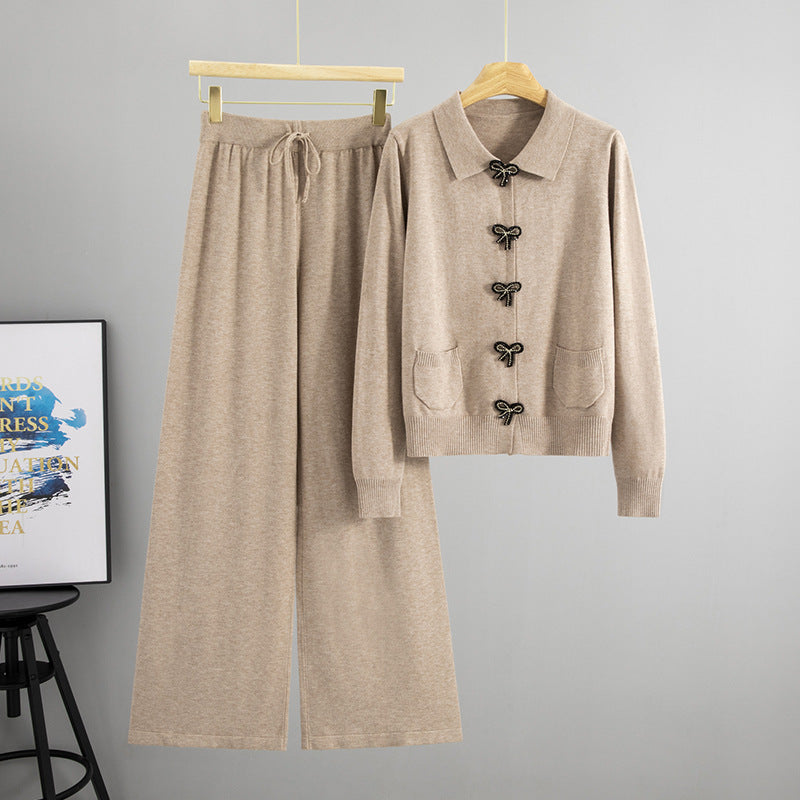 Spring Autumn Outfit Solid Color Polo Collar Bow Breasted Knitted Jacket Wide Leg Pants