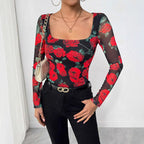 Women's Spring Summer Ladies French Romantic Rose Floral Mesh Printed Sexy U Neck T Shirt