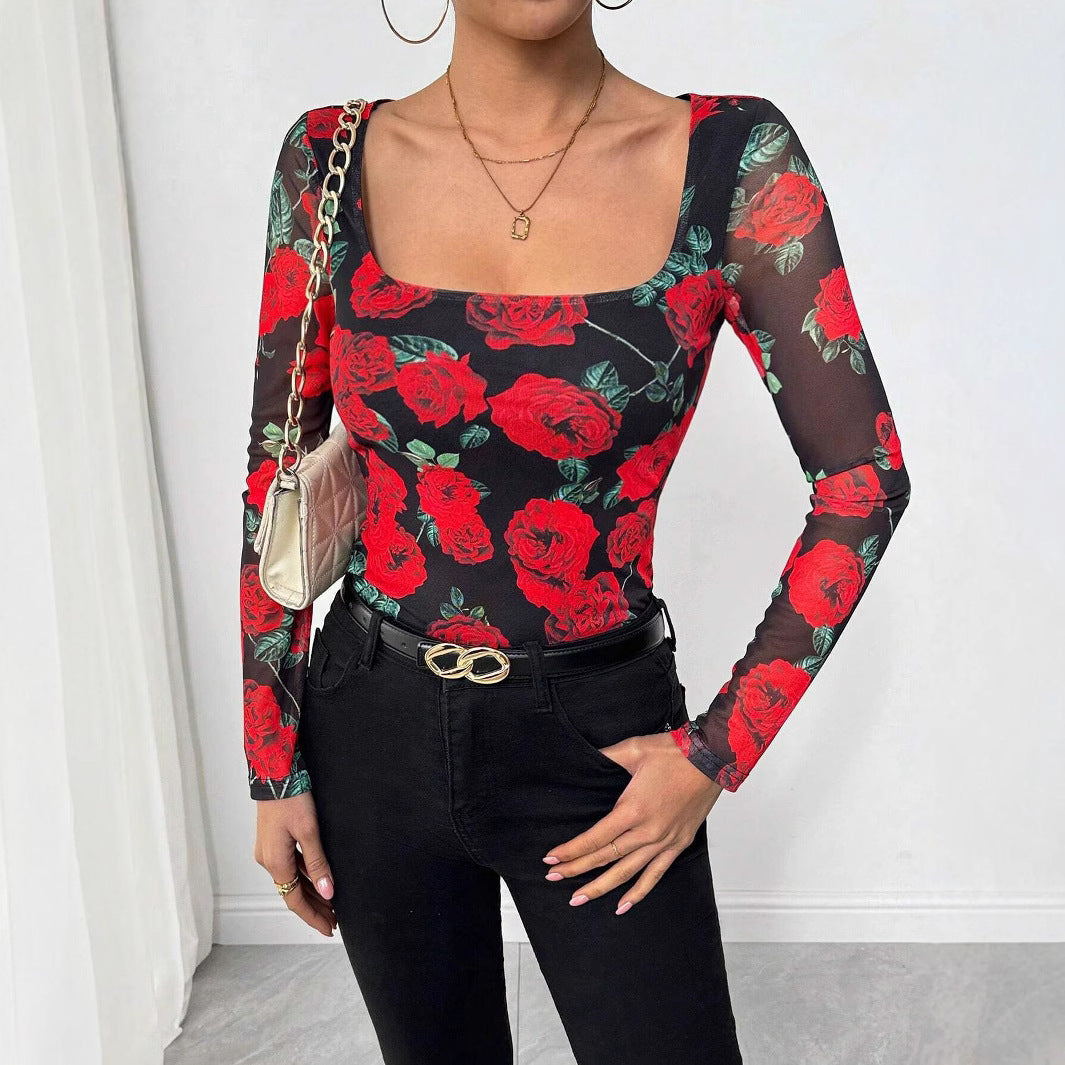 Women's Spring Summer Ladies French Romantic Rose Floral Mesh Printed Sexy U Neck T Shirt