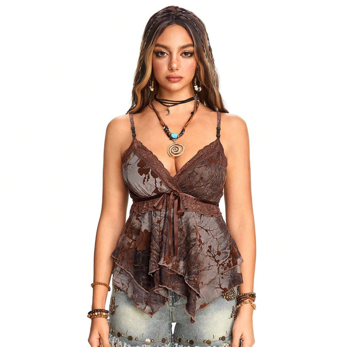 Women's Summer Vacation Women Clothing V Neck Sling Waist Irregular Asymmetric Retro Patchwork Top