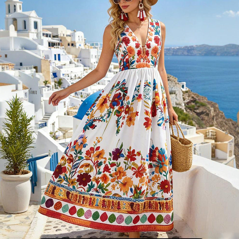 Women's Spring Women Printed Sleeveless Vacation Casual Swing Dress