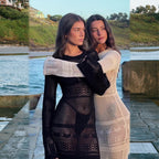 Black and white openwork knit cover-up dresses, hollow crochet panels, long sleeves