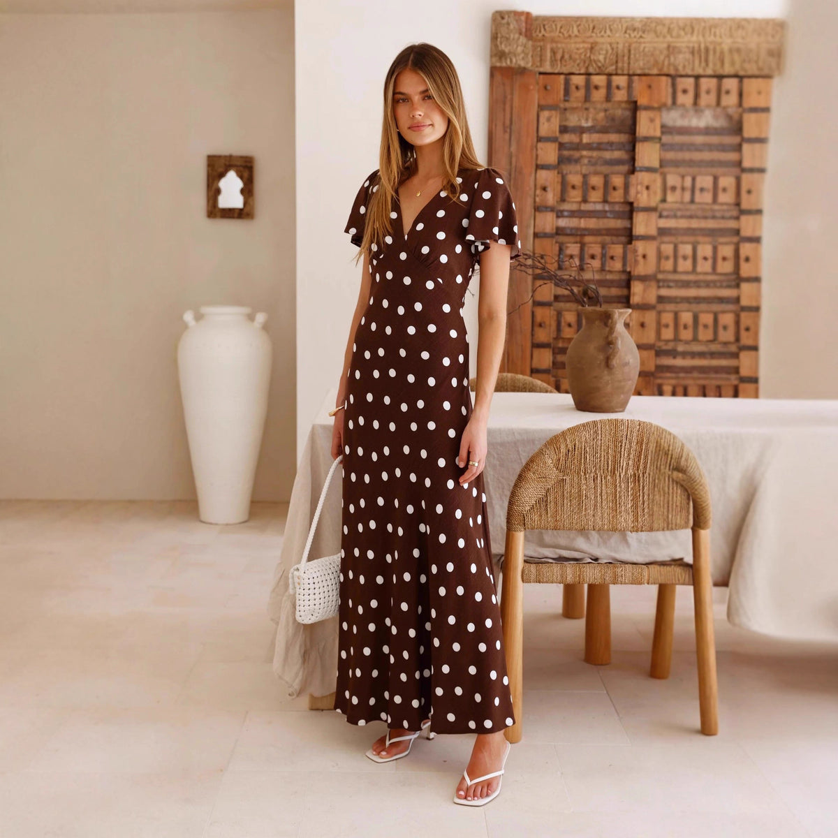 Women's Polka Dot Printed Bell Sleeve Maxi Dress