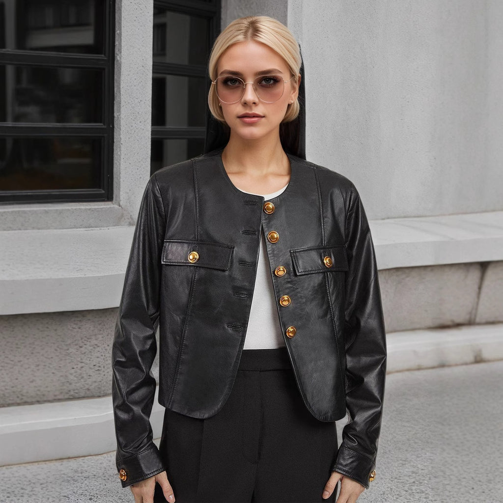 Women's Black Faux Leather Buckle Jacket